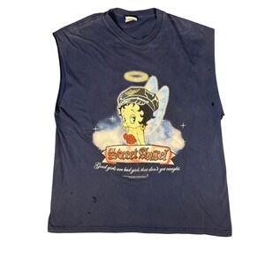 Vintage 2003 Betty Boop Street Angel Muscle Tee Navy Blue Distressed Biker Shirt